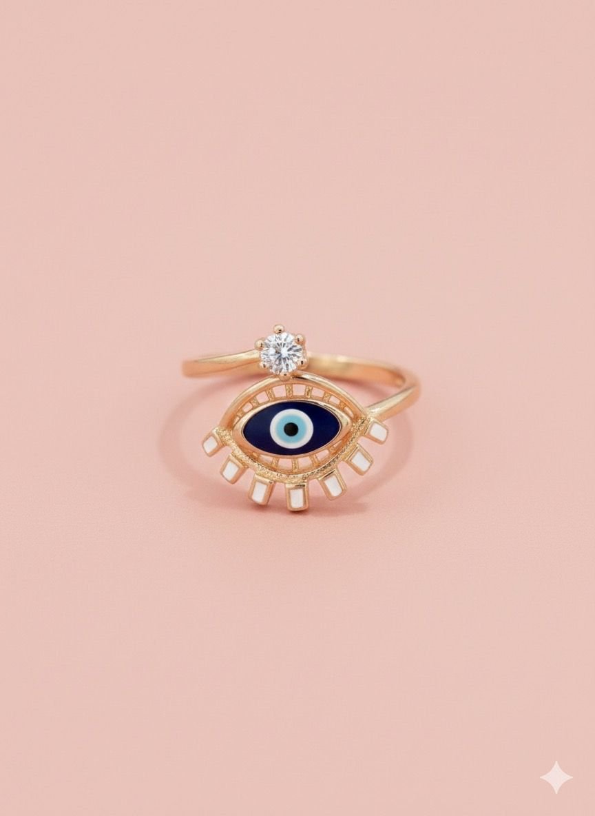 92.5 Silver Rose Gold Plated Fancy Dark Blue  Evil Eye Ring